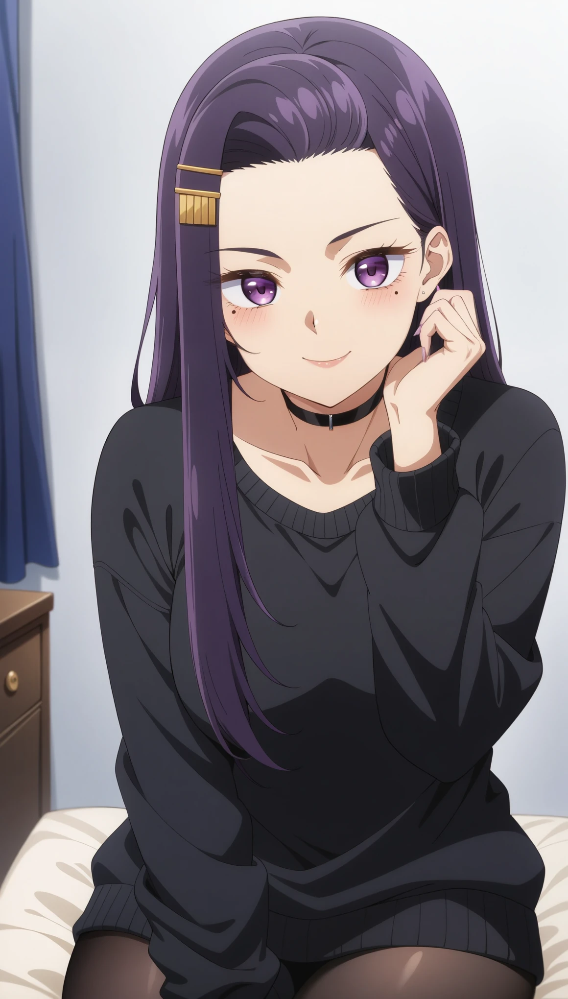 (masterpiece, best quality, very aesthetic, ultra detailed), intricate details,
1girl, sayuriakino, purple eyes, long hair, purple hair, forehead, hair ornament, hairclip, mole under eye, sweater, black sweater, collarbone, black choker, sleeves past wrists, hand on own cheek, smile, sitting, looking at viewer,
