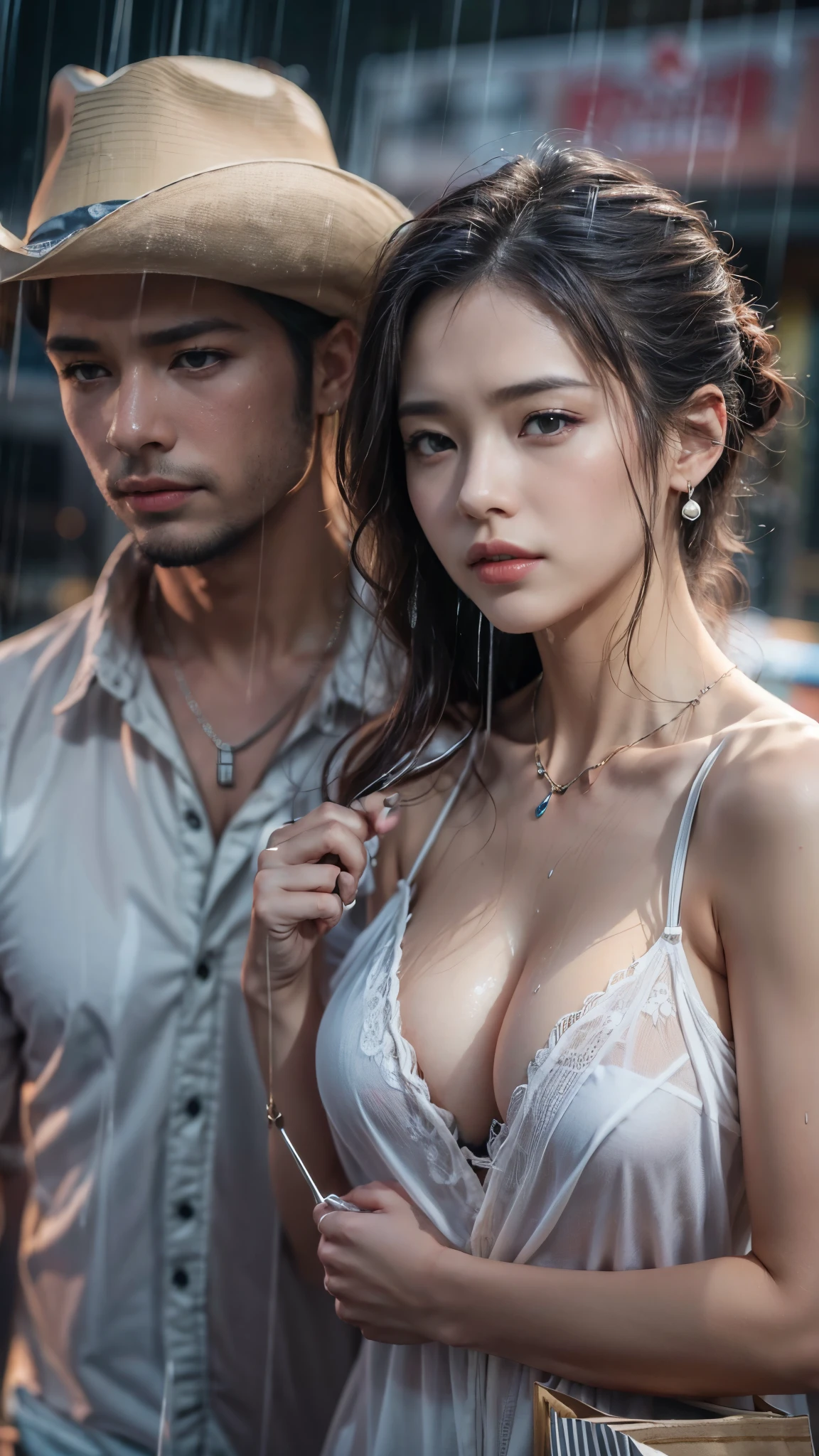 ((High angle shooting:1.5)), (Photoreal:1.5, 8K, highest quality:1.3, masterpiece, ultra high resolution), ((Typhoon heavy rain)), Highly detailed skin and facial textures:1.3, perfect dynamic composition:1.2, (In front of the supermarket at night, modern city, expression of sadness:0.7), Tears are flowing:0.7, cry with a broken heart:0.7, Slim office lady wet in the rain:1.2, Low - Angle, Fair skin:1.2, sexy beauty:1.1, perfect style:1.2, beautiful and aesthetic:1.1, very beautiful face:1.2, water droplets on the skin, (rain drips all over my body:1.2, wet body:1.2, wet hair:1.3), (Holding a wet shopping bag:1.2, Wearing wet casual clothes:1.35), (Medium chest, Bra is transparent, Chest gap), (Big eyes that exude beautiful eroticism:0.8, Lips that exude beautiful eroticism:0.8, adult charm:0.8, Bewitching:0.8), cowboy shot, necklace, earrings, bracelet, wedding ring, Highly detailed and accurate hand and finger representation