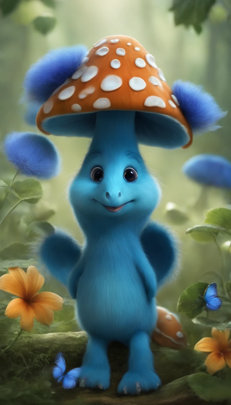 adorable blue creature,Semelhante a uma mistura de coelho e cenoura, cute, fofo, peludo, Felpudo, Floresta, Cogumelos, Wear a mushroom hat