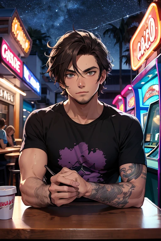 Desenho de um homem magro de cabelo castanho e de cavanhaque, with a purple t-shirt written arcade cafe and night sky themed