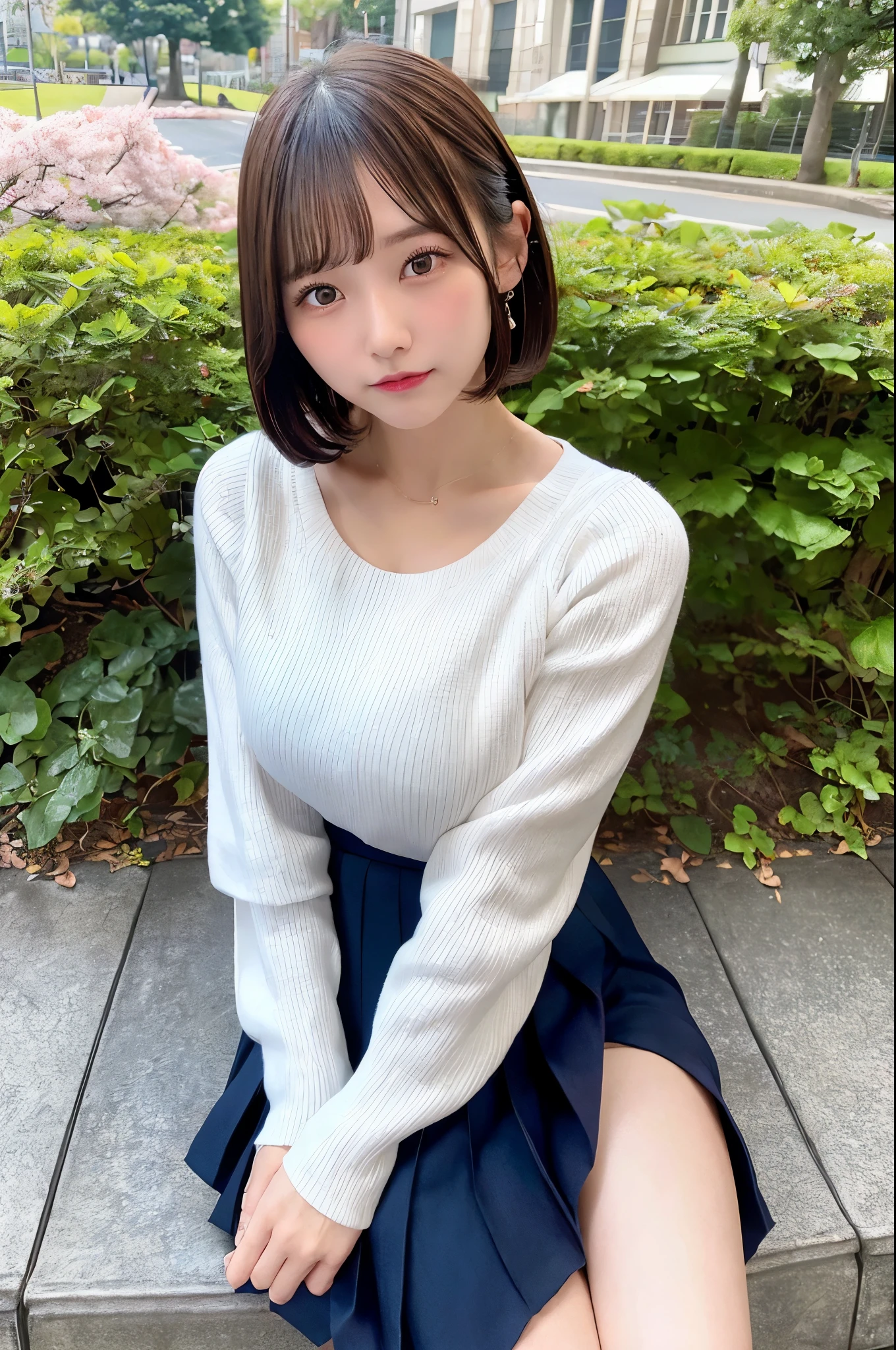 Highest image quality、4K、8K、best quality、perfect and dynamic composition、Sitting on a bench in a park with cherry blossoms in full bloom(woman、big breasts、G cup、beautiful chest、20-year-old、Japanese、white skin、Brown Short Bob Hair、She is wearing a long-sleeved white knit that shows her cleavage.、Wearing a dark blue pleated skirt、I'm embarrassed)