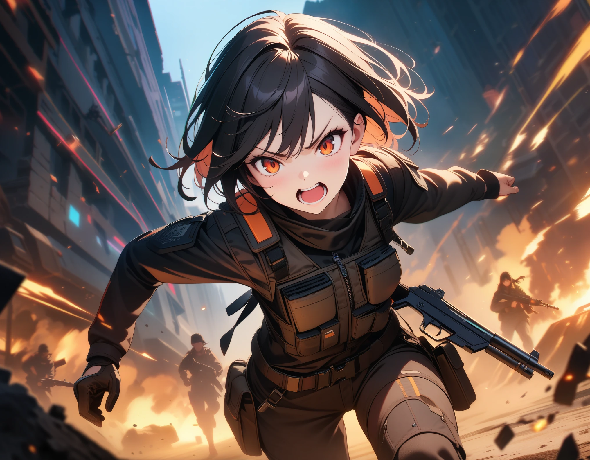 ((masterpiece, best quality, ultra-detailed, an extremely delicate and beautiful)), ((extremely detailed CG unity 8k wallpaper)), ((award winning, ccurate, UHD, textured skin, chromatic aberration, perfect anatomy, Fujicolor)), (concept art, action art), dramatic angle, Dutch angle, sharp focus, ((((Post-apocalyptic fiction)))), 1 young girl breaking into the raider's base at night, small breasts, short body, young sister taste, jet black short hair with inner blue color, orange eyes, shooting raiders with gun, wearing bulletproof vest, battle cry, angry face, shouting, sharp eyes, ((battle field)), (charging), running with gun, (speedy), exquisite attention to detail, ((perfect_composition, perfect_design, perfect_layout, perfect_detail, ultra_detailed)), ((aesthetic harmony))