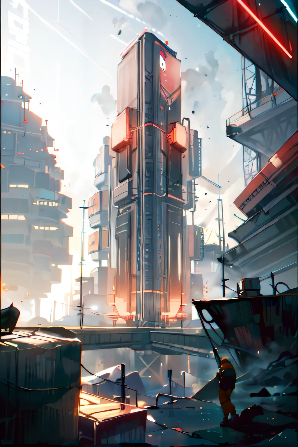 a futuristic building with a large screen and a car in the middle of the building and a lot of lights, eve rider, Unreal Engine 5 Rendering, concept art, Retro Futurism, building, city, long_hair, sight, 2077_style, 