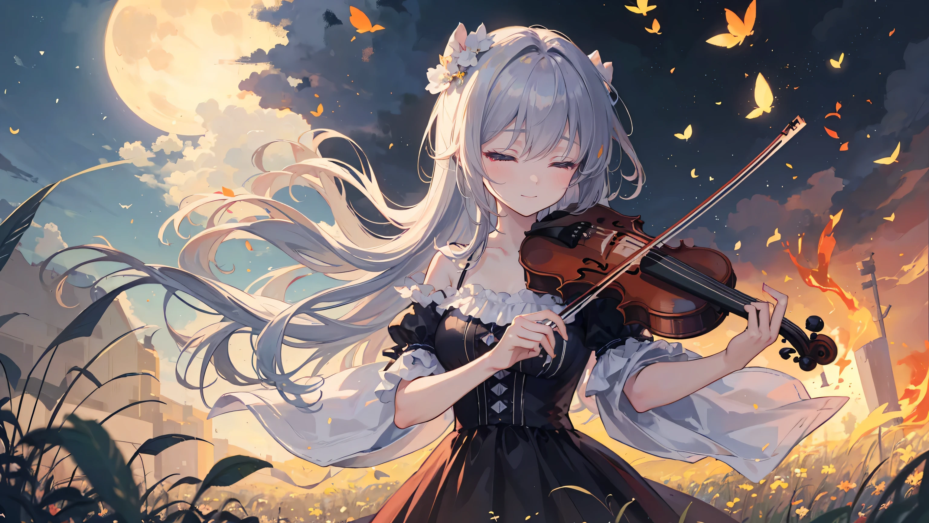 (highest quality,16k,masterpiece:1.37), Kaori Miyazono \(Your Lies in April\), (play the violin), under the moonlight, In a field full of (fire Fly), closed my eyes, gentle smile, A deep sense of melancholy fills the scene.