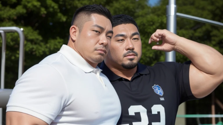 (face to face:1.2), (looking away:1.2), (sexy look:1.2), (hugging each other:1.2), (polo shirt:1.2), (at playground:1.2), Japanese man, manly face, (round face:1.2), (monolid eyes:1.2), (crew cut:1.2), very large and strong body, bulky body, beefy muscles, (bulging muscles:1.2), (very large pectoral muscles:1.2), (muscular arms:1.2), muscular abs, muscular legs, muscular back, bright oily skin, (realistic:1.2), distant view