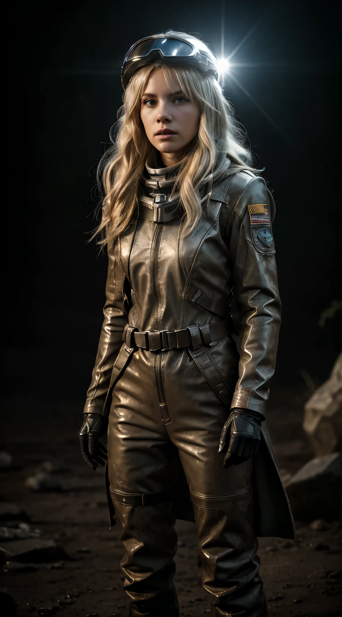Angry sexy Blonde woman space ranger, ultra dirty clothing, very dusty uniform and battle worn, full body shot head to toe, exploring a dry rocky almost barren ice planet, running 3/4 profile left, holding a long barrel multi-shot space hunting rifle, ultra blonde white hair, wavy hair, curly hair, sexy hair, large breasts, wearing ultra dusty worn-out clothing, convertible helmet visor down showing ultra beautiful mesmerizing face, she is wearing a dry dusting looking leather retro hunting outfit consisting of long brown overcoat leather space ranger form fitting body suit and small amounts of future clothing and space tech, action pose hunting, alien monsters lurk, 36k resolution ultra hyper detailed image, photo-realistic, dehaze, dark of night hunting a nocturnal elusive alien carnivorous animal., space girl, Explosive dust