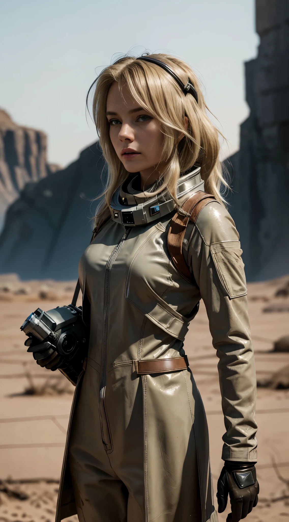 Angry sexy Blonde woman space ranger, ultra dirty clothing, very dusty uniform and battle worn, full body shot head to toe, exploring a dry rocky almost barren ice planet, running 3/4 profile left, holding a long barrel multi-shot space hunting rifle, ultra blonde white hair, wavy hair, curly hair, sexy hair, large breasts, wearing ultra dusty worn-out clothing, convertible helmet visor down showing ultra beautiful mesmerizing face, she is wearing a dry dusting looking leather retro hunting outfit consisting of long brown overcoat leather space ranger form fitting body suit and small amounts of future clothing and space tech, action pose hunting, 36k resolution ultra hyper detailed image, photo-realistic, dehaze, dark of night hunting a nocturnal elusive alien carnivorous animal., space girl, Explosive dust