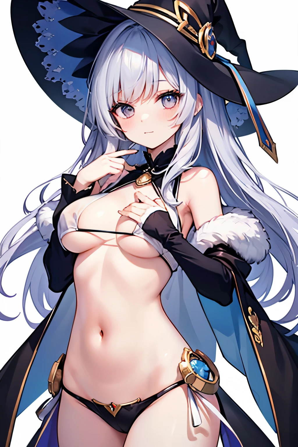 (Meisterwerk), (Best quality), (Ultra-Detail), (beste Anatomie), Offizielle Kunst, A girl, mit hellem Haar, , magical girl, Transparent witch costume, Klein, Dekollete, schulterfrei, Underboob, seitlicher Busen, Oberschenkelfokus, Nabel raus, POV, Clasp your hands behind your body, Brust raus, Kartenillustration, Tiefe Waldquellen