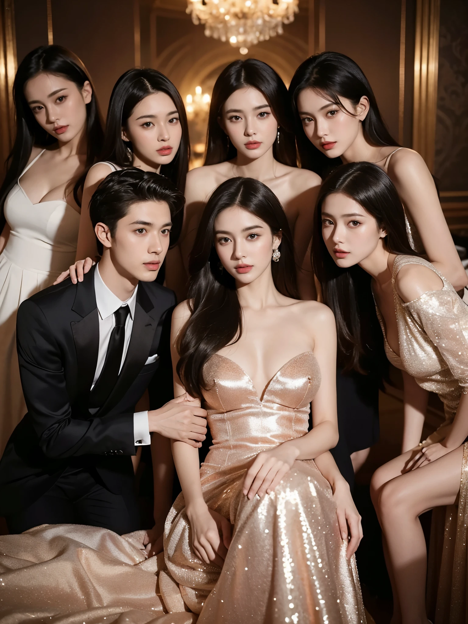 Realistic, 4k, high detailed, high quality, Potrait of one man in a suit(in the middle) and two girls with luxury dress, perfectly proportioned, intimate, Lovers, close to each other, perfect ???????, perfect background, perfect face, perfect body, detailed face, look at camera, Luxury villa background