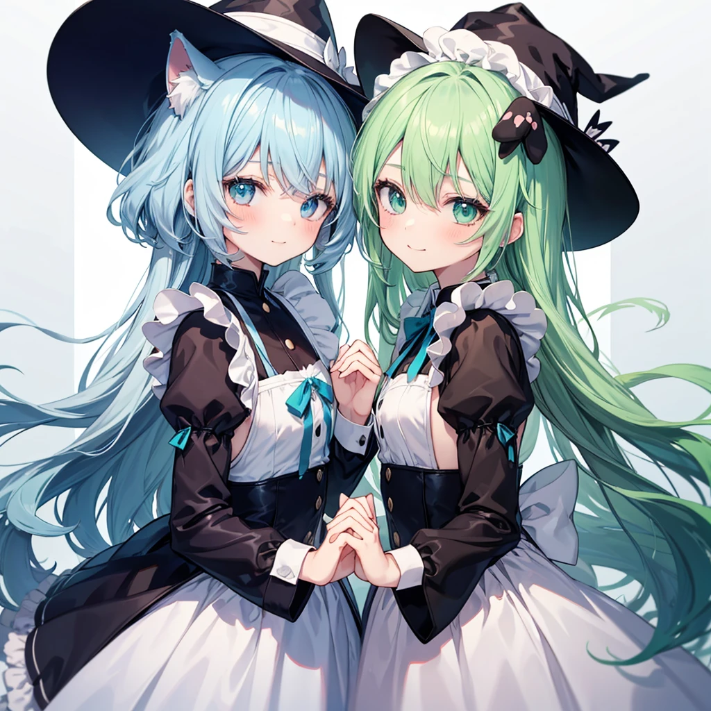 anime style,cute boy,chou kawaii shota,ultra detailed face,
2people is femboy friends,Make a finger heart together,
1of2:light green hair,wavy long hair,dog ears,dog tail,maid costume,
2of2:light blue witch dress,light blue hat,light blue hair,loose long hair,little smile,