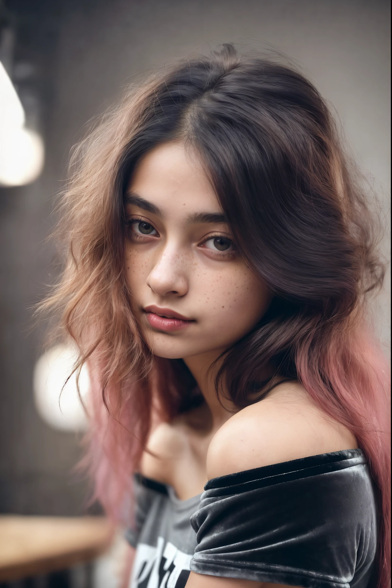 (delhi, girl), 16 year old girl, editorial photograph of a 16 year old girl), (highly detailed face:1.4) , 33mm lens, (background inside dark, moody, private study:1.3) POV, by lee jeffries, nikon d850, film stock photograph ,4 kodak portra 400 ,camera f1.6 lens ,rich colors, hyper realistic ,lifelike texture, dramatic lighting , cinestill 800, wavy hair, messy hair, Long hair, mischievous , black Hair and pink colour hair Edge, smile, A line Hairstyle, (Shoulder lenth hair), , freckles, (white skin:1.1), yellowish eyes , bright brownish eyes, , Pombagira, wearing a Dark blue top, , white skin, Cleavage view,, Laying In Stomach , wide angle view, Incomplete details, Shot with Leica, analogue, 35 mmblens, Style Raw , (Oily lips:1.1), ((Velvet grey off Shoulder t-shirt ))