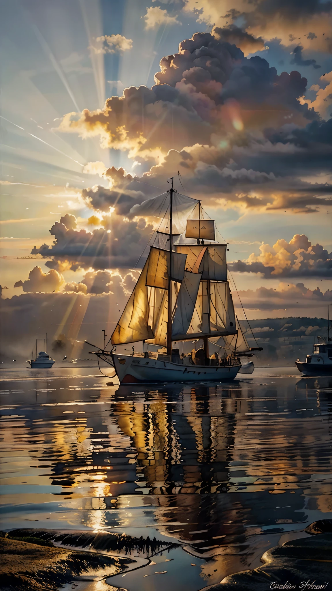 watercolor painting sunset, high tide, golden sand, calm sea, colored clouds, rays of light break through the clouds, in the reflection of light on the water, a sailing boat is a fish, the sea shimmers with bright colors . vibrant, beautiful, painterly, detailed, textural, artistic