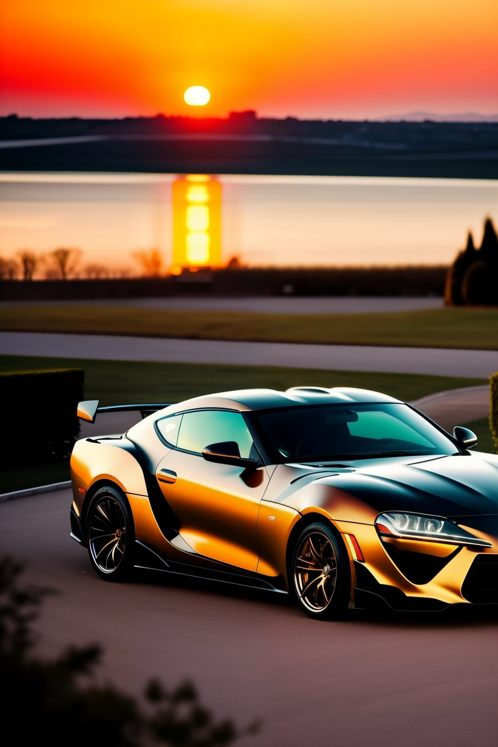 A supra MK4 car, sleek and majestic against the backdrop of a serene sunset, sits quietly in the deserted parking lot. The car's iconic design, shimmering under the golden rays of the sun, is a testament to automobile engineering at its finest. The glossy finish of the vehicle reflects the vibrant hues of the sunset, casting a radiant glow over the surrounding area. The car's supreme power is hinted at by the subtle shifting of the air as if in anticipation of the roar of the engine. The details of the car, from the intricate lines of the body to the meticulously crafted alloy wheels,