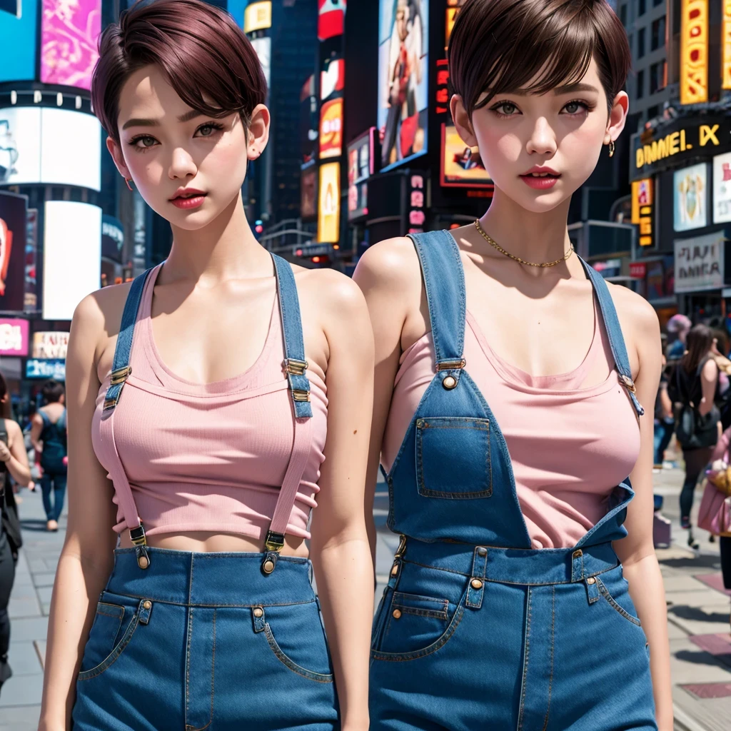 Suspender jeans(masterpiece, best quality:1.2), Very short hair, alone，Pale pink，Light rouge makeup（（（Short hair）））（minor）masterpiece， Outdoor backstreets，time square, New York，best quality， movie lighting， soft light ,Realistic，facial close-up，Landscape avatar，666， --v6