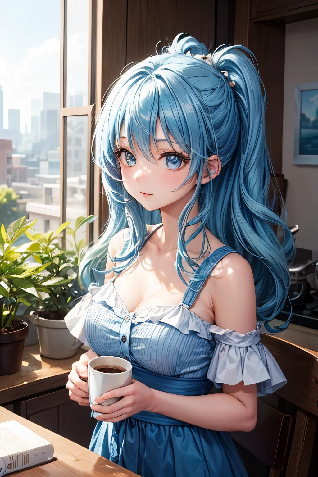 1girl, bluenette hair, light blue hair, next door girl, morning, coffee