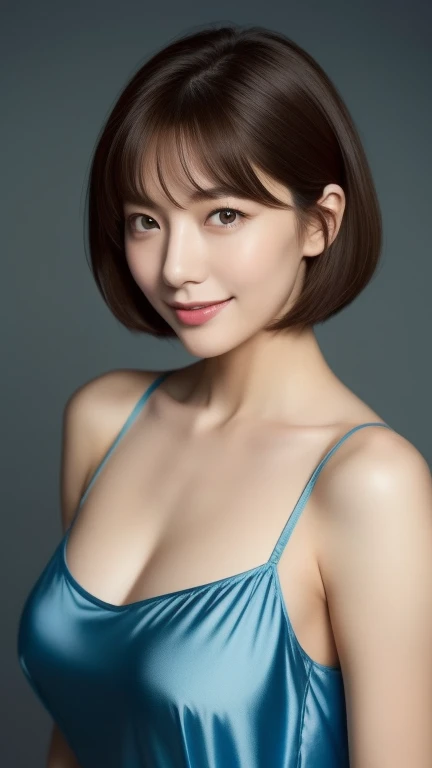 beautiful 35 year old woman。She is wearing a tight light blue satin camisole.。smile gently。her dark brown hair、、Her hair is a short straight bob。High resolution、masterpiece、highest quality、頭w:1.3、((Hasselblad Photos))、fine skin、fine texture、sharp focus lighting)、clavicle