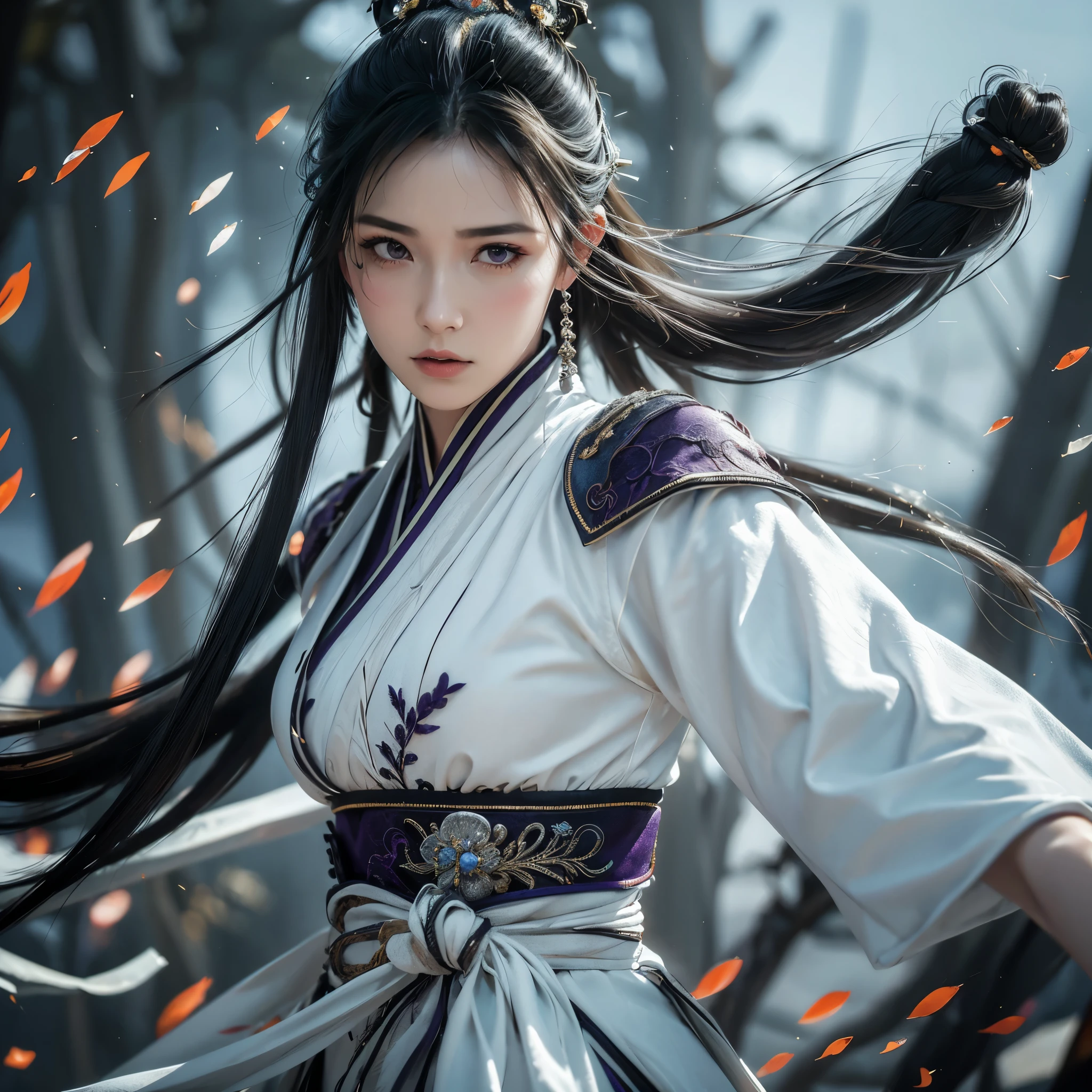 ((4k,masterpiece,best quality)), Chinese background, mountains, purple hanfu, close up shot, modest dress, swf 1girl, solo, long black hair, sharp eyes, aloof face, light makeup, thin eyebrows, profound cheekbones, facing viewer, xianxia, murim, elegant, face photo, expressionless face, hands on the side, straight eyebrows, aged