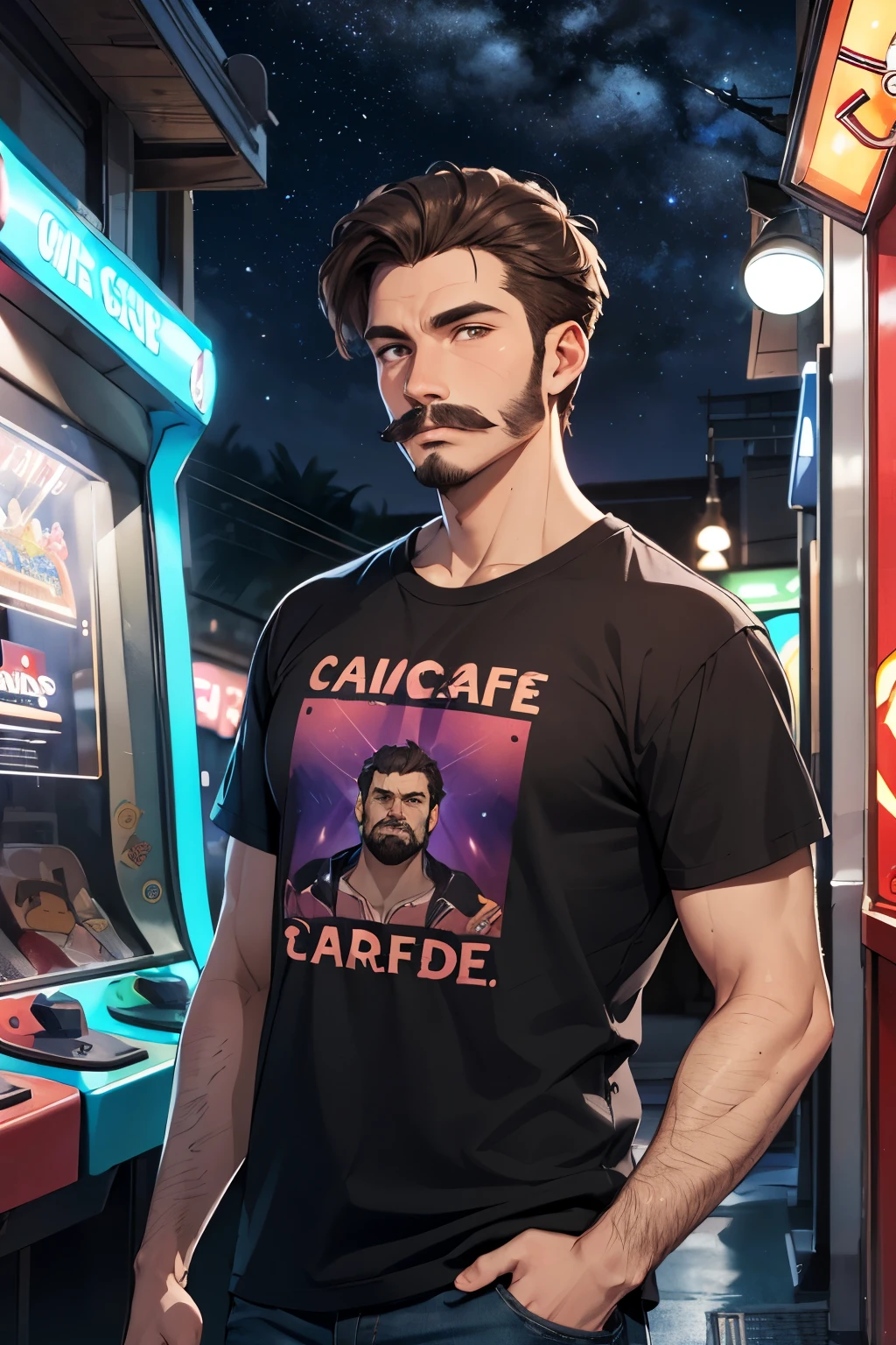 Desenho de um homem magro de cabelo castanho e de cavanhaque e bigode, with a purple t-shirt written arcade cafe and night sky themed