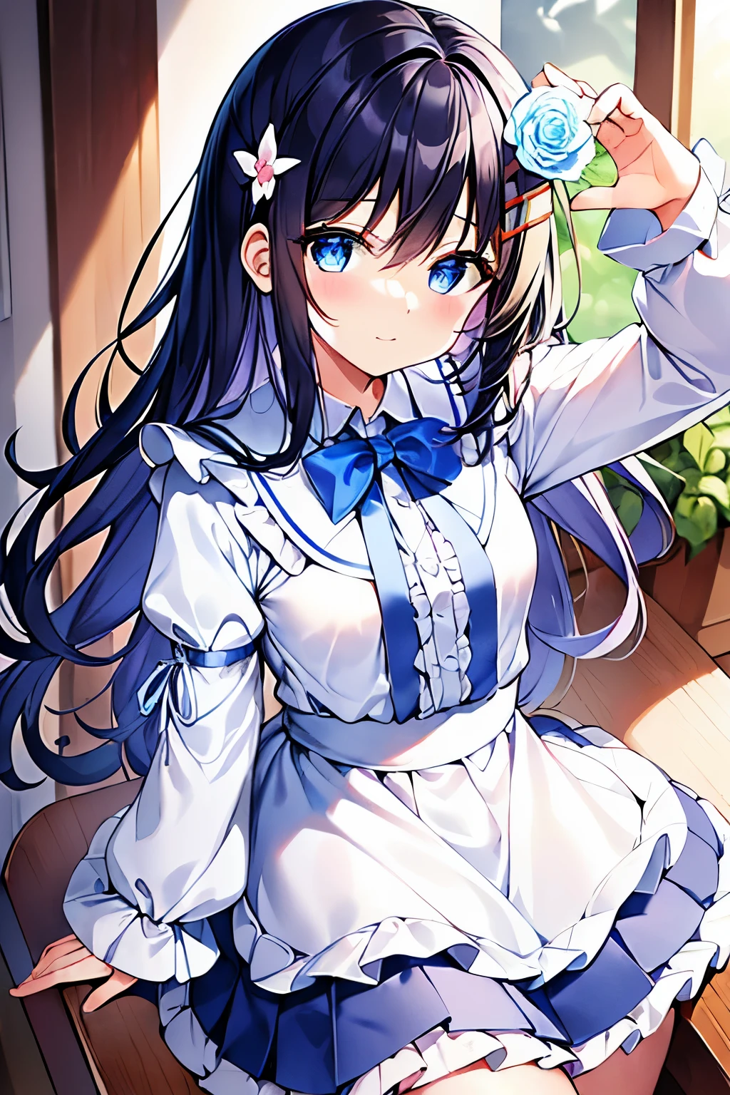 (((masterpiece))), (((highest quality))), (((ウルトラ - High resolution))), (((High resolution))), (((Super technique illustration))), (dark blue hair), (from below:1.4), (one girl), (walk), (very cute super thick long sleeve blouse in pale pink color:1.3), (White ruffles on pleated skirt:1.4), (girl:1.5), (child:1.4), (fold your hands in front of your chest:1.3), (Very long dark blue sideburns), very cute, Moe anime style, (cowboy shot:1.2), (Extra Ultra Flat Chest:1.5), (very small breasts:1.5), (Extra-thick long-sleeved blouse:1.2), (very cute super thick long sleeve blouse in pale pink color:1.3), (white socks:1.2), (White ruffles on pleated skirt:1.2), (girl:1.5), (Extra Ultra Flat Chest:1.1), (very small breasts:1.2), Transparent facial depiction, highly detailed eye depiction, (Dark blue straight long hair:1.3), (Simple hair clip:1.2), (Super long and thick sideburns of dark blue color:1.4), (laughter:1.3), (Dark blue super wide front bangs:1.3), (Simple hair clip:1.1), (small blue eyes:1.2), (((clear eyes))), sparkling eyes, (slightly droopy eyes:1.3), (Super thick sideburns and super long sideburns:1.1), (Super long and thick sideburns:1.1), (Extra Ultra Flat Chest:1.4), (very small breasts:1.4), (Ahoge:1.1), (Alice in Wonderland Cosplay:1.4), (Light Blue Ribbon Headband:1.3), (white apron with frills:1.4), (Very cute pose:1.2), (A very cute Alice in Wonderland costume:1.4), (cowboy shot:1.4), (sit on a chair:1.5), (From above:1.4), (laughing:1.2), (flower pot:1.4), (pow pose:1.4)