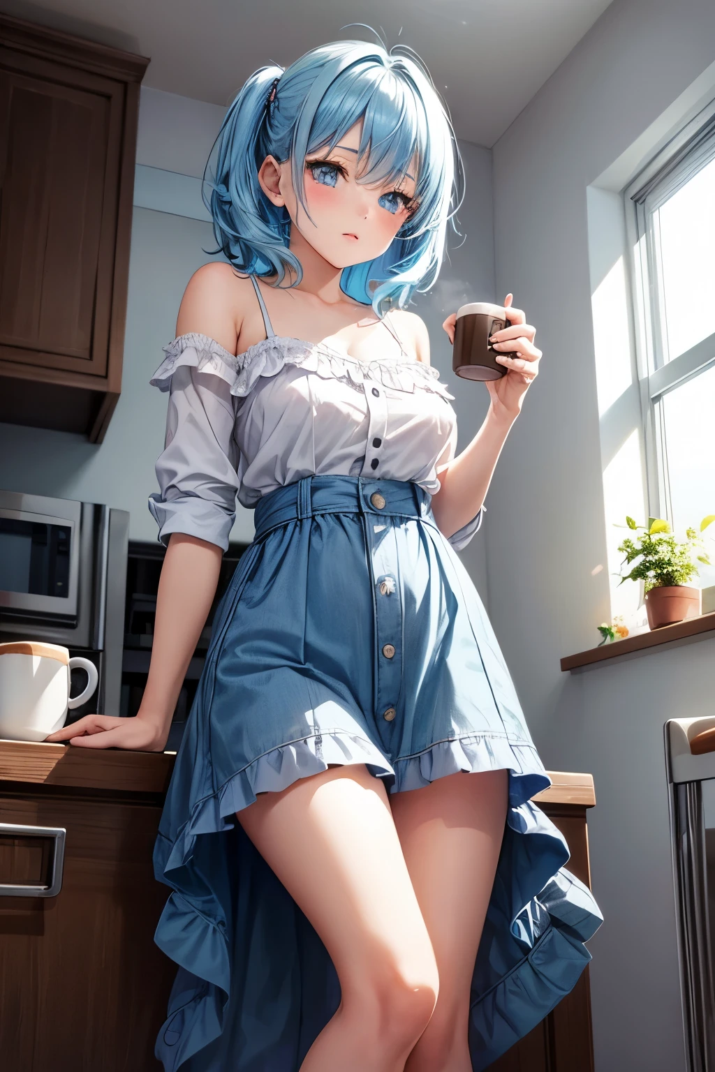 1girl, bluenette hair, light blue hair, next door girl, morning, coffee 