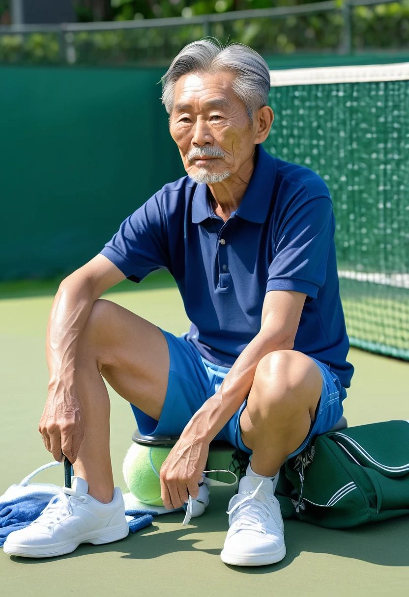 1 28-year-old Japanese man，Wearing a blue POLO shirt，white tennis shoes，After playing tennis, sit on a chair on the grass in the rest area of the tennis court and rest.，Holding a sweat towel in hand. Tennis racket on the ground. soft light，masterpiece，best quality，8K Ultra HD，digital SLR camera，film grain，Fujifilm XT3 Realistic Art by Midjourney and greg rutkowski