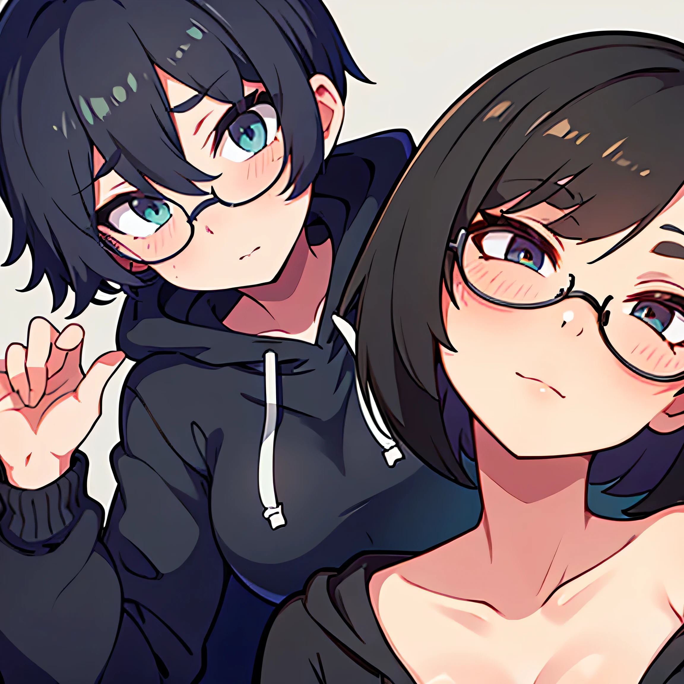 Shy girl, black short hair, Sculpted Crop Cut, circle glasses, black hoodie, head tilt face close up