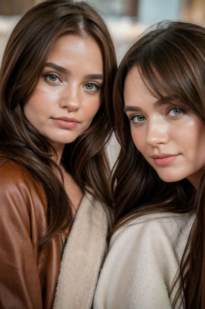 Professional photograph, best quality, 8K, hyper detailed, half body, A close up portrait of two gorgeous, beautiful, wonderful women, argentinian and russian females together posing for the camera, both women have super long hair, argentinian girl has brown hair and russian girl has dark blonde hair, the both of them are wearing winter clothing, both girls are wearing leather jackets. Both women are wonderful, dream, ethereal, timeless, majestic beauties from Argentina and Russia, they're glad, smiling and enjoying taking a picture. There are a argentinian and a russian flag at bottom
