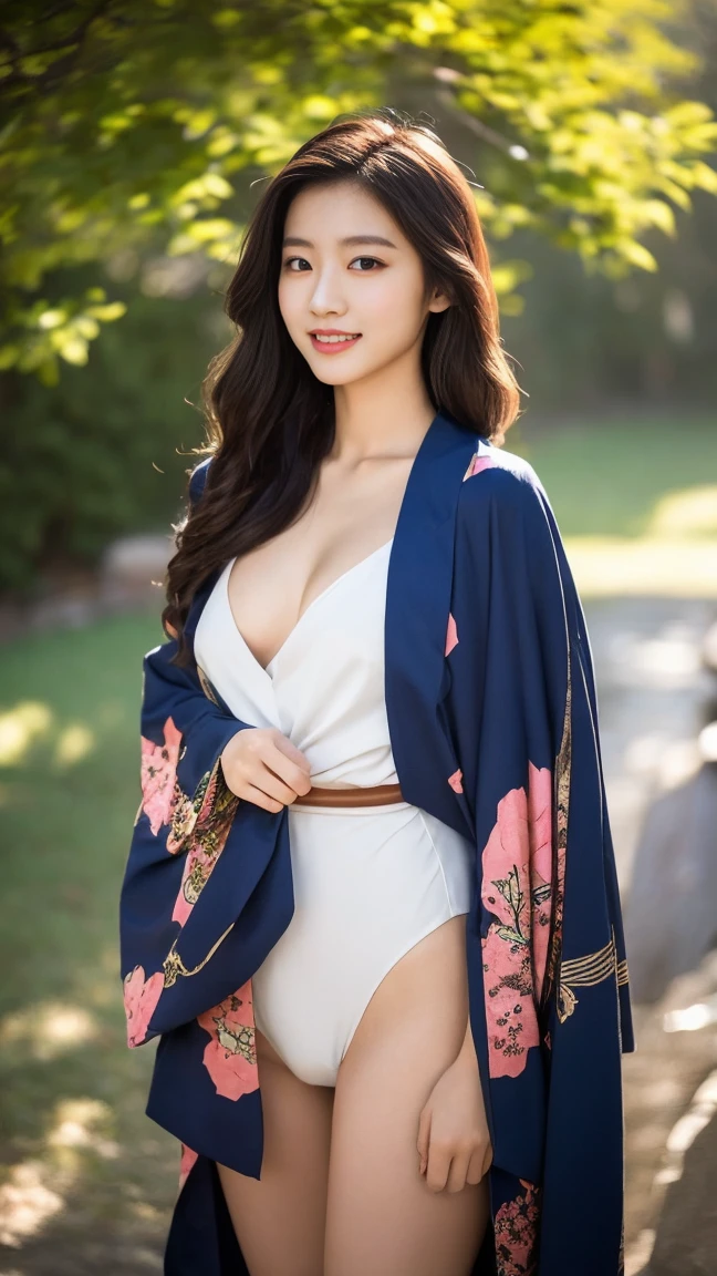 shrine、Colorful kimono、open chest、I'm not wearing anything inside、full body shot、NiziUAYAKA、 4K、1people's women、slender、 Loose wavy styling 、seductive and attractive、Including face and skin texture.,detailed eyes、A soothing expression with a smile
