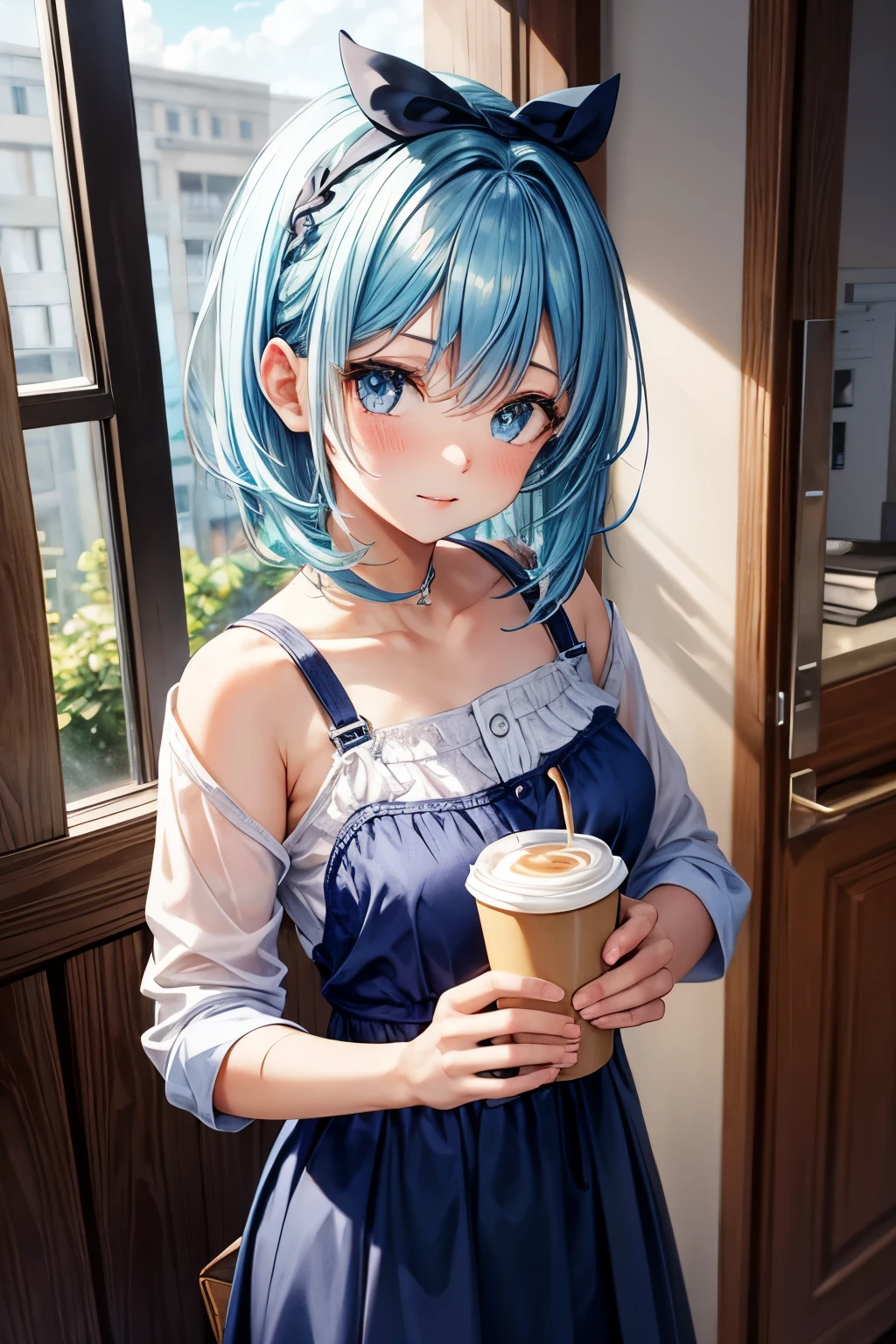 1girl, bluenette hair, light blue hair, next door girl, morning, coffee