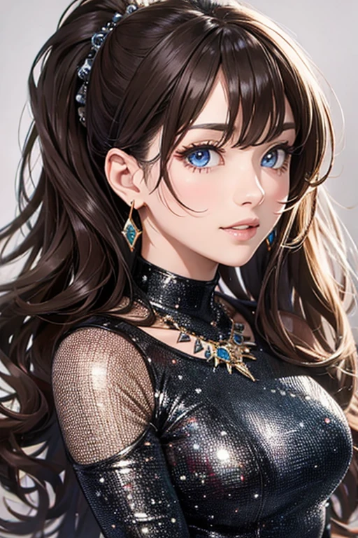 (1 photo from the front)Winter clothes, beautiful face, Highly detailed face and skin texture, (fine eyes), Beautiful blue eyes, double eyelid, thin eyebrows, glitter eyeliner: 1.2, natural cheeks, glowing skin, Fair skin: 1. 2, shiny necklace and earrings, (glossy lips: 1. 4), (enchanting smile), (20-year-old), (high ponytail, wavy hair, brown hair, diagonal bangs), medium long hair, ((upper body shot)), (focus on chest and face), medium big breasts, swollen chest.