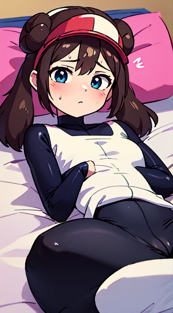 ((21 years old)), (small breasts:1.3),(masterpiece, highest quality:1.4), (beautiful, beautiful, perfection, delicate, Complex:1.2),((highest quality)), ((masterpiece)), (be familiar with),(High resolution:1.2), Trivial eyes, bend over, Angle of view, rosa, twin tails, brown hair, double good, doughnut bun hair, bun hair, blue eyes, hair between eyes, arms behind回す, (masterpiece, highest quality), 1 girl, Upper body, arms behind, Wriggling, Struggle, worried face, [[[[[[perfectionなボディ, perfectionな解剖学]]]]]], lie down, lying on the bed, [[[[[[[[[[[arms behind your back]]]]]]]]]], Tight black latex catsuit, twist your hips, pretty girl, visor cap, Tight latex clothing, armband, letter maker, Mummification, bondage, Sleep Sack, closed legs, [[[[[[[Tight black latex]]]]]]]]]