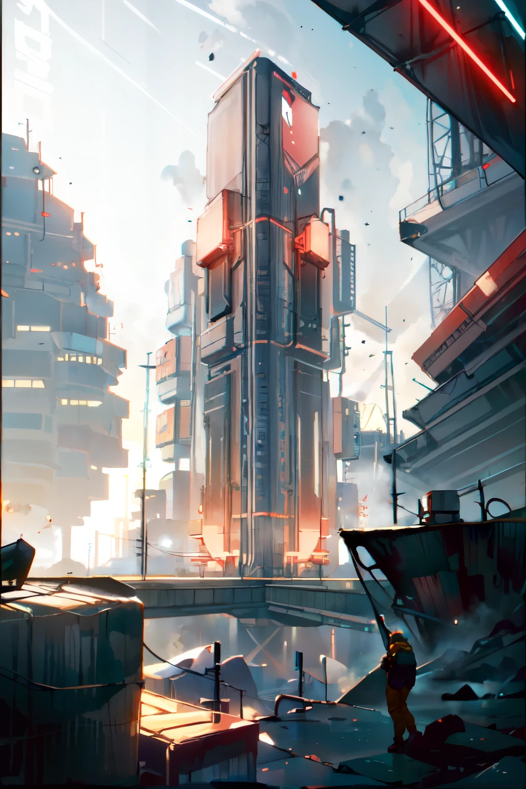 a futuristic building with a large screen and a car in the middle of the building and a lot of lights, eve rider, Unreal Engine 5 Rendering, concept art, Retro Futurism, building, city, long_hair, sight, 2077_style, 