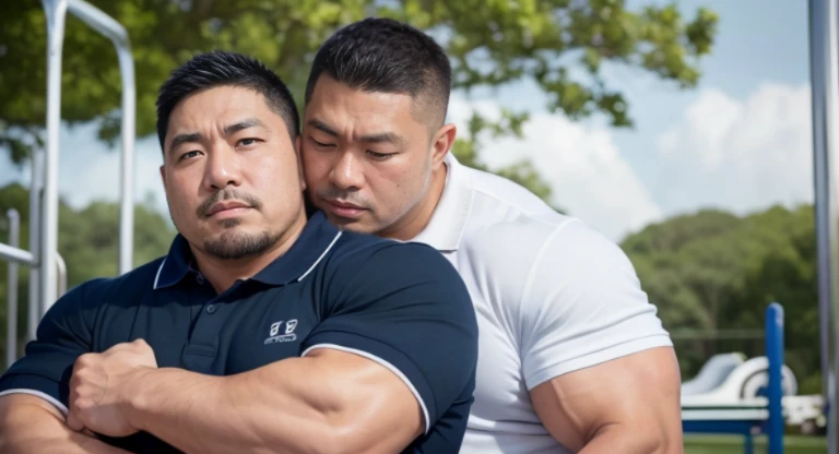 (hugging each other:1.4), fat face, (inside bedroom:1.2), Japanese man, Chinese man, Korean man, Taiwanese man, manly face, (round face:1.4), (monolid eyes:1.2), (buzz cut:1.4), very large and strong body, bulky body, beefy muscles (bulging muscles:1.4), (very large pectoral muscles:1.4), (muscular arms:1.4), muscular abs, muscular legs, muscular back, brightens oily skin, master piece, realistic, panorama, distant view