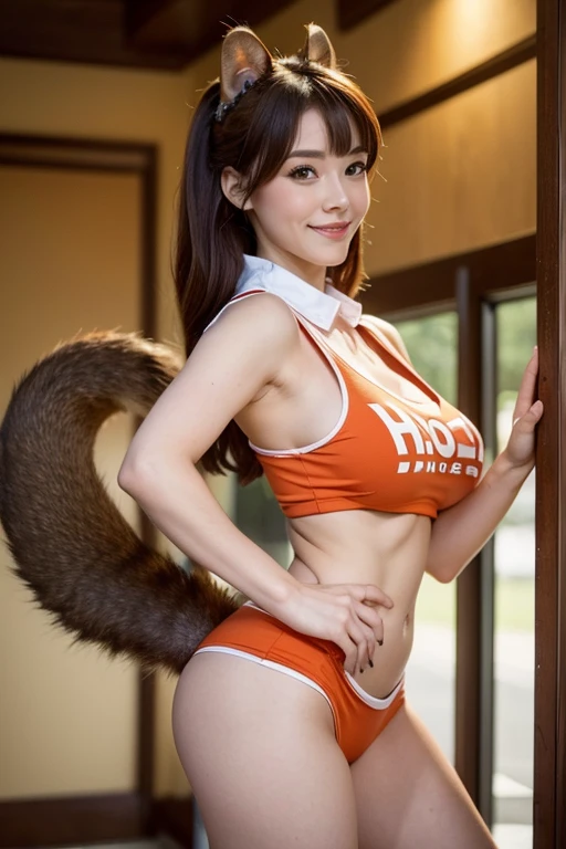((highest quality)), ((masterpiece)), (get used to it), perfect face, squirrel girl, Beautiful woman, public, A tail is growing, she has a fluffy tail, she has a squirrel tail, she wags her tail, smile, collar, She's wearing a Hooters uniform, beautiful hips, big breasts , big tail