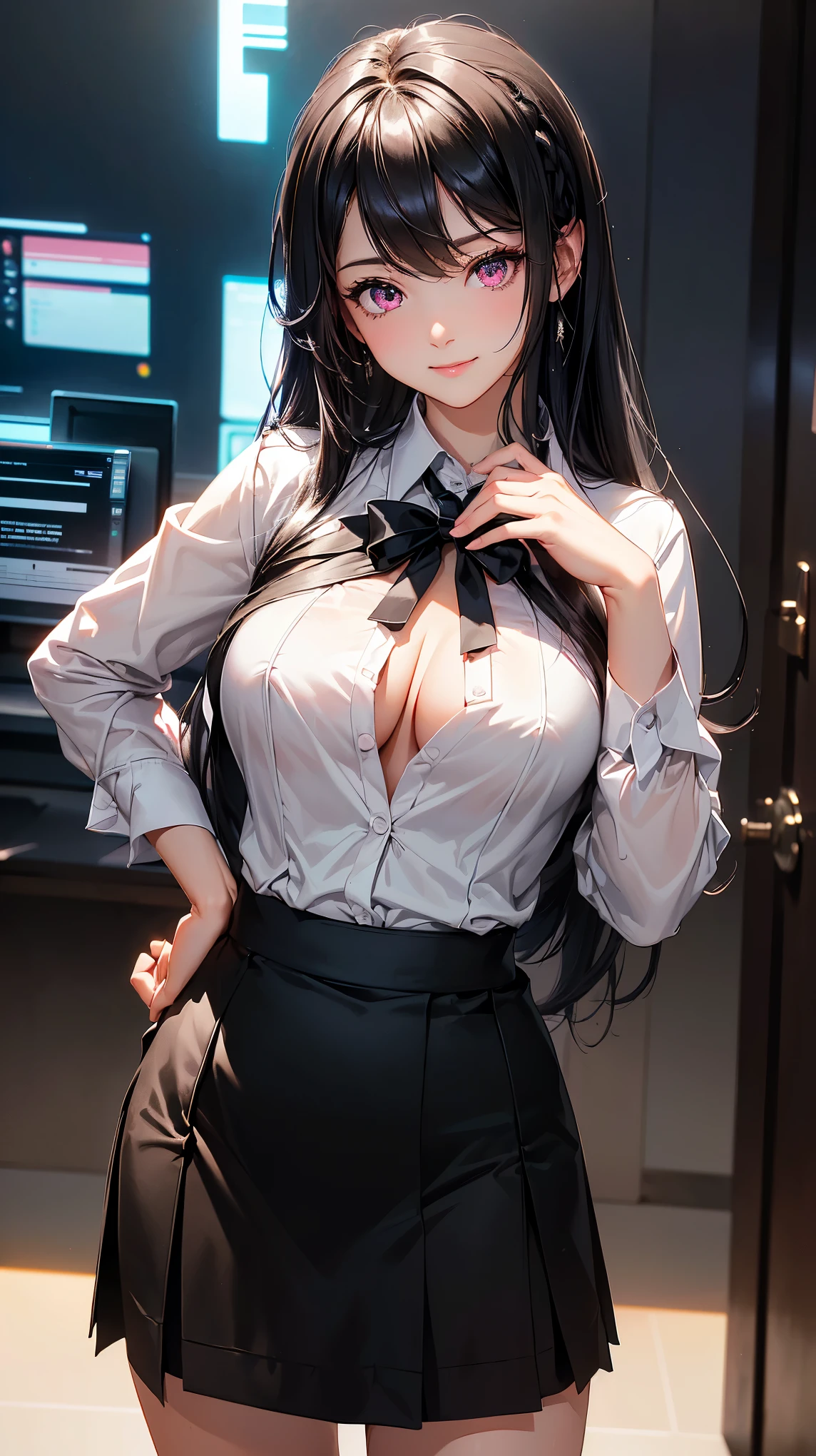 (Masterpiece:1.2), (best quality:1.1, (High quality:1.3), very detailed 8k CG unit wallpaper, depth of field, HDR, realistic, very detailed:1.2, complicated, Highly detailed:1.2, ผู้หญิงsexy, big breasts, office woman, white shirt, Lace underwear, Chest groove, black short skirt, Black suit shirt, long hair,pink eyes, Blue On, Eye details:1.5, shadow sound details:1.2, light:1.1, ผิวพลันbeautifulงาม, smiling, cute, beautiful, sexy, office background