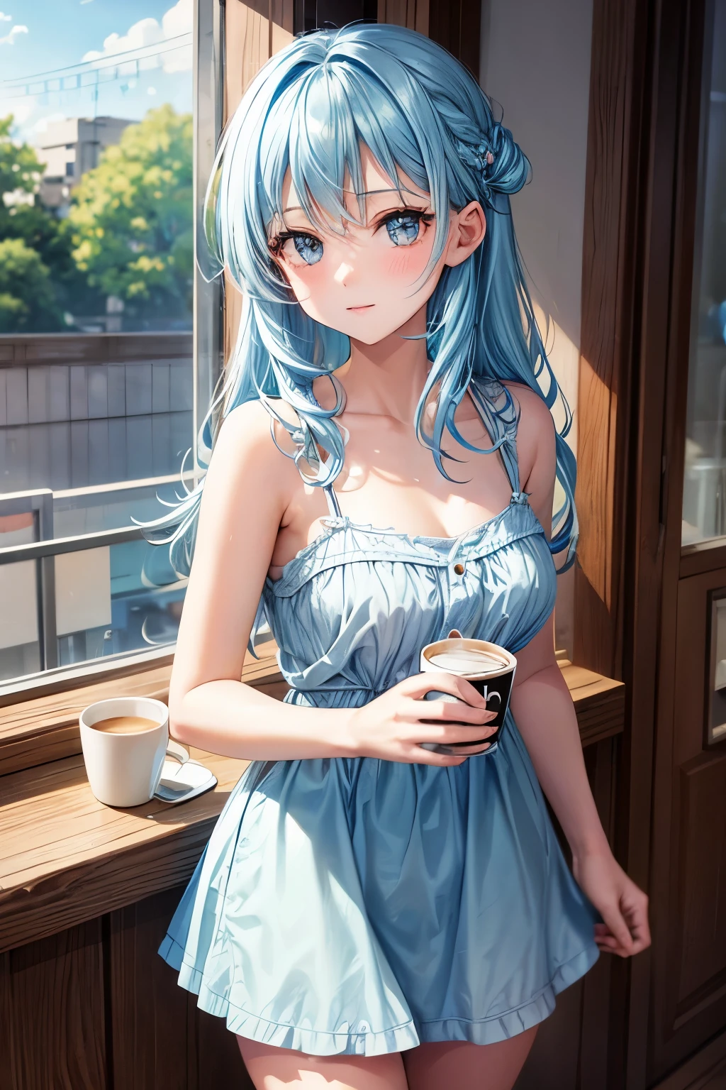 1girl, bluenette hair, light blue hair, next door girl, morning, coffee