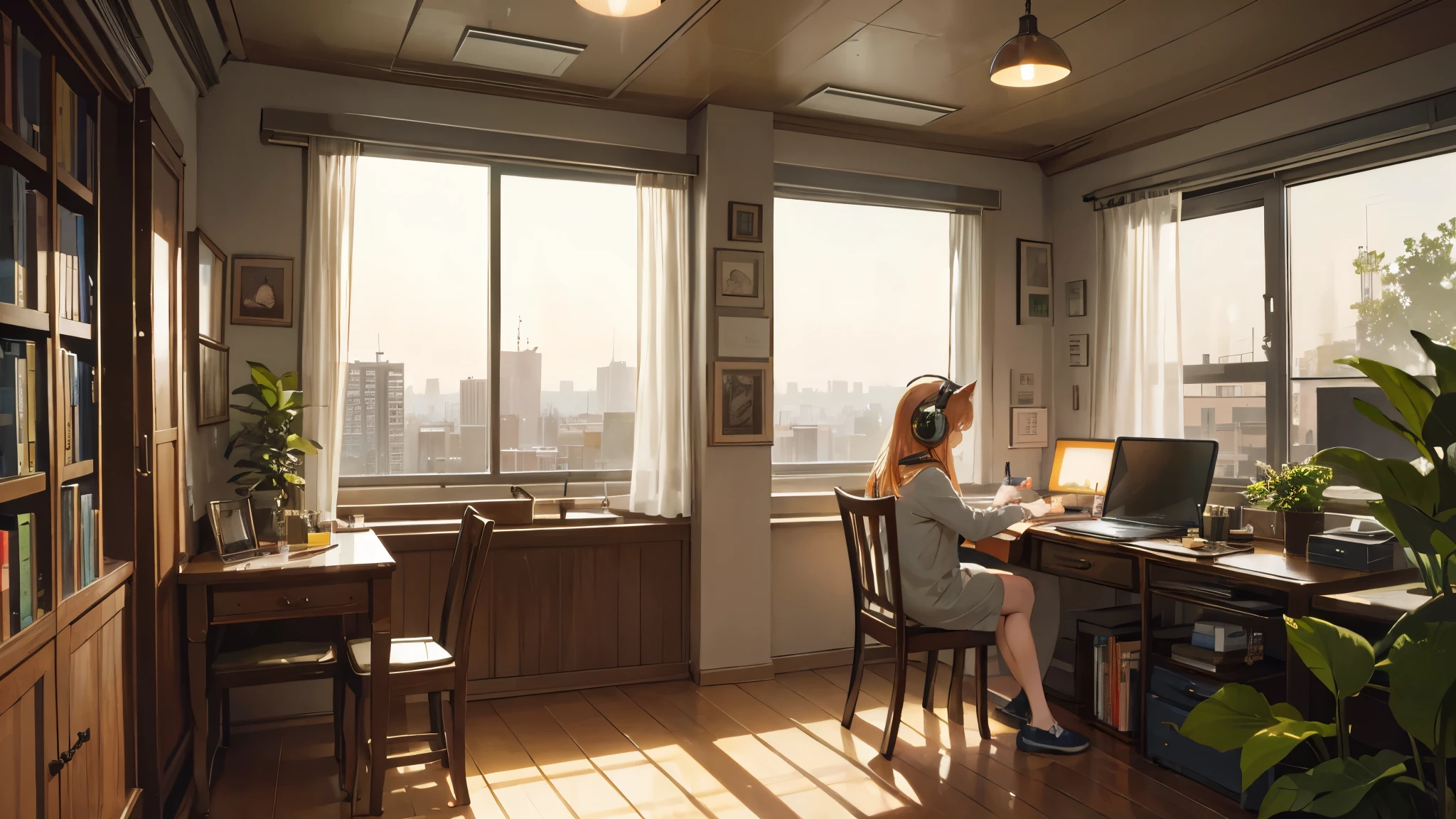 "A cozy, atmospheric interior of a room with a young woman sitting at a desk by a window, studying intently with a large book open in front of her. She is wearing headphones with the word 'Lofi' on them, and there's a sense of calm concentration. The desk is cluttered with a laptop, a coffee mug, and writing utensils. A contented orange striped cat is lounging on the windowsill, bathing in the warm light of a desk lamp. Outside the window is a view of densely packed urban buildings in the twilight. The room is full of warm colors, plants, and personal touches that give it a lived-in feel. The aesthetic is that of an animated scene, with rich details and a tranquil ambiance."
