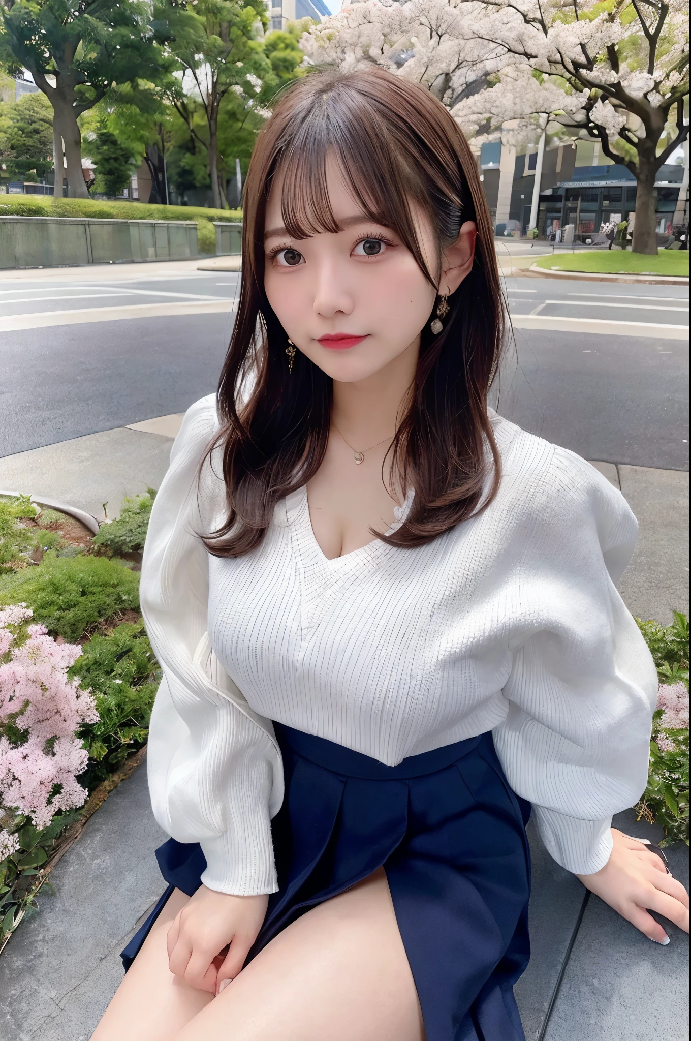 Highest image quality、4K、8K、best quality、perfect and dynamic composition、Sitting on a bench in a park with cherry blossoms in full bloom(woman、big breasts、G cup、beautiful chest、20-year-old、Japanese、white skin、Brown Short Bob Hair、She is wearing a long-sleeved white knit that shows her cleavage.、Wearing a dark blue pleated skirt、I'm embarrassed)