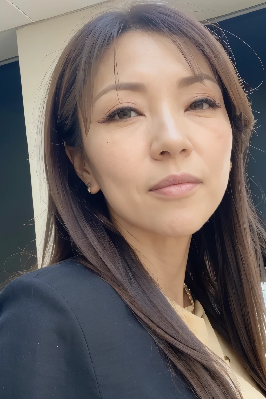 NSFW, ((Top Quality)), ((8K)), ((Masterpiece: 1.3)), (Perfect Appearance), (Photorealism: 1.6), 

japanese woman, (58 years old), ((Realistic skin texture 1.8)), (Fine wrinkles throughout the skin: 1.3), (Dull skin: 1.1), (Skin without moisture: 1.2) , (Wrinkles on the face: 0.9), (Wrinkles on the corners of the eyes: 1.2), Double eyelids, tear bags on the lower eyelids, (Crying moles: 0.9), The eyes are looking here, serious gaze, (Dimples: 1.2), (Open your mouth wide like the letter O), (I can see your tongue), (eyes closed), short bangs, long hair, Waves on the ends of the hair, soft fabric blouse, (Plump and glamorous body), (wide sleeves), (Cuffs that fit your wrist), (The hem of the blouse is tucked into the skirt: 1.2), flare skirt, high heels, (focus on face: 1.3), (low angle),