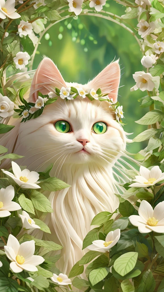 long hair cat,white cat,Beautiful,2.5D,8k high quality detailed art,dream art style,Fantasy illustration,forest background,Flower sea decoration,Close-up of cat wearing flower headdress,gorgeous,Green dominant color