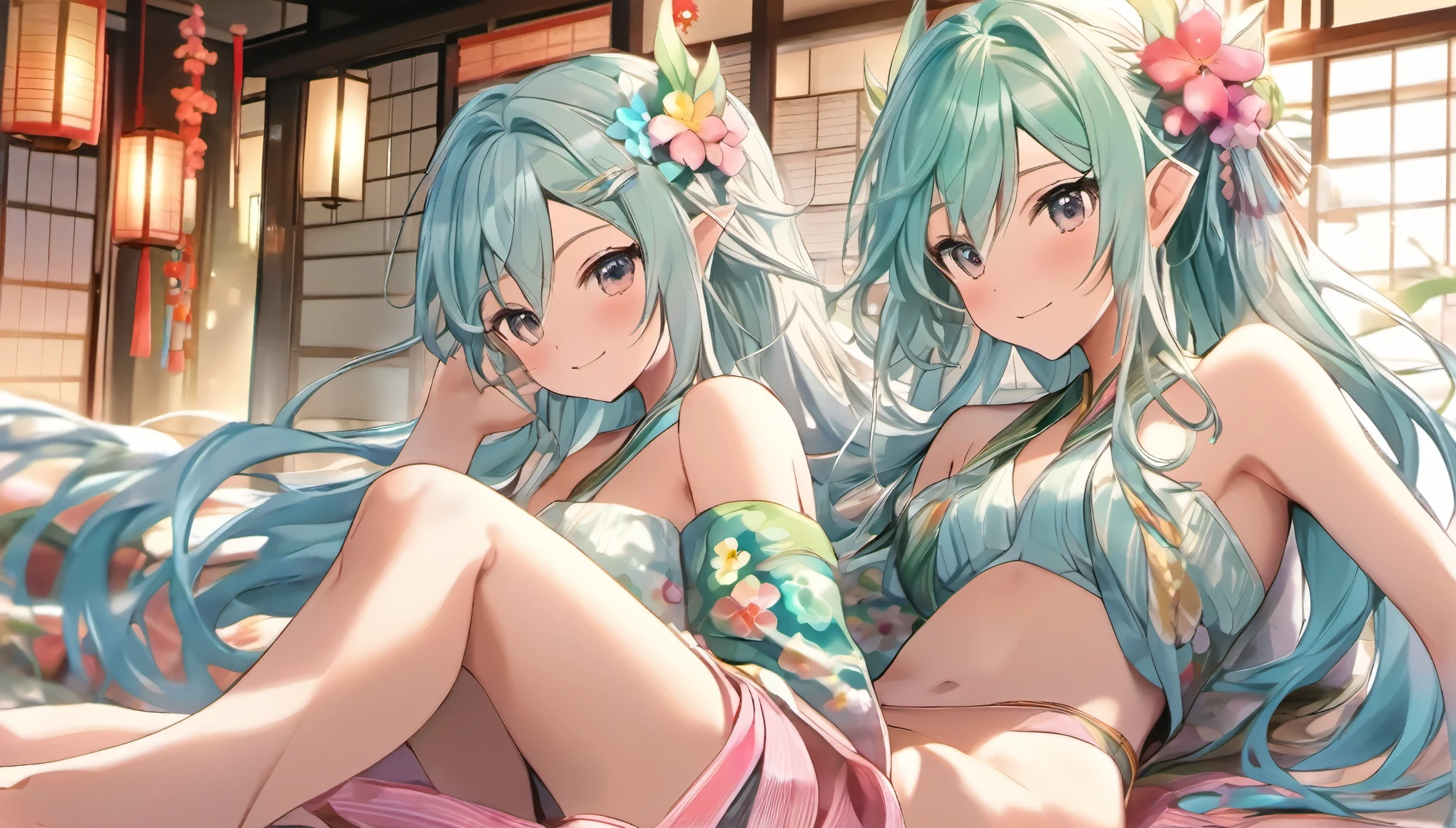 long hair,twin tail hair style, breasts, nipples, looking at viewer, blush, smile, open mouth, bangs, blue eyes, multiple elven girls, large breasts, nipples, blue hair, hair ornament, navel, medium breasts, sitting,bare lower half body,blue hair, collarbone, flower, :d, sidelocks, outdoors, sky, pointy ears, hand up, hair flower, tree, wet, night, upper teeth only, cherry blossoms, elf, star (sky), night sky, breasts apart, partially submerged, starry sky, rock, fence, onsen, bathing, take your pick, wooden fence 