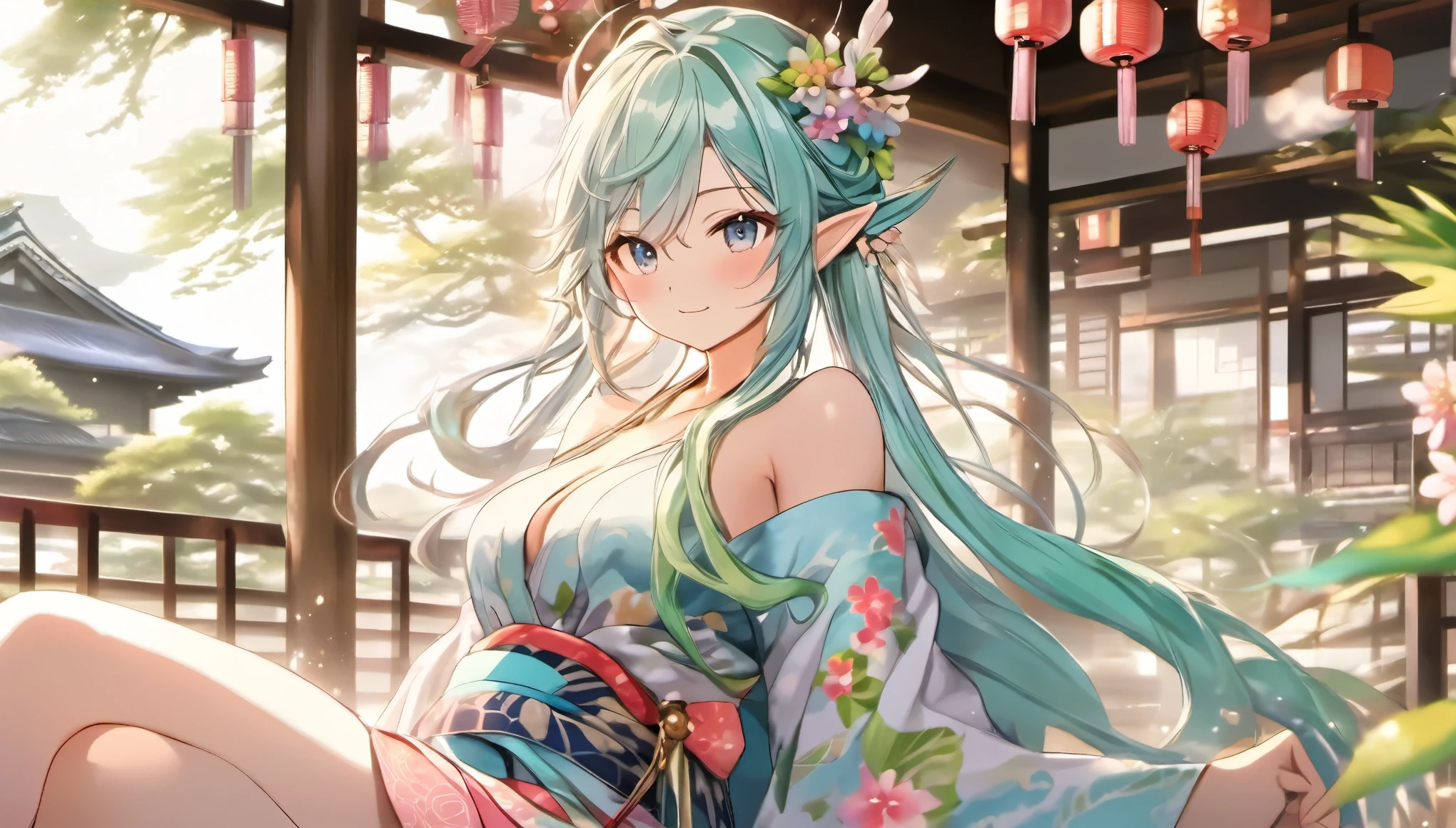 (masterpiece, best quality), 3 elven girld, ( collar bone, bare breasts, nipples, navel, clotch, thigh), view from side, (light blue hair, twin tails ,very long hair is floating ), hair between eyes, multi colored hair,hair flower ornament ,blush, aqua eyes, superb smile , large breasts,(bare lower half of body ),japanese ryokan , walking, having a chat , light aqua color of yukata , light green color of yukata, light pink color of yukata, open yukata,((((open front of the yukata wide )))), unbuttoned ,while walking ,no yukata obi, no lower yukata, no bottom ,no lingerie ,no underware