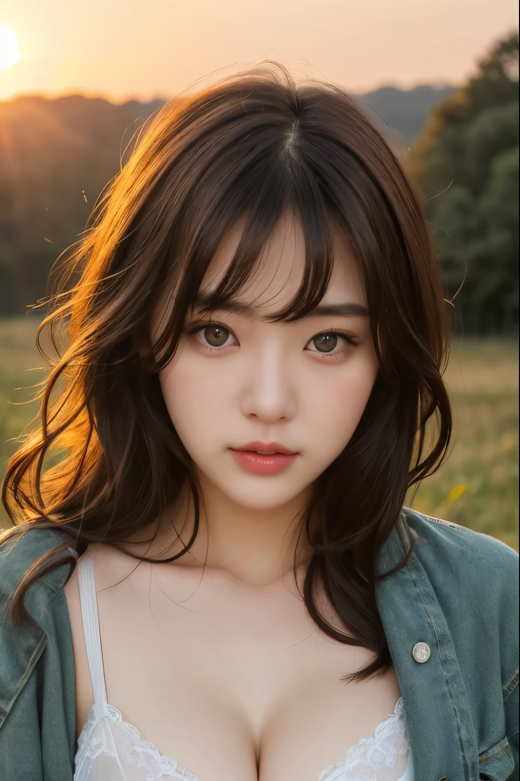 {{NSFW}},((highest quality、In 8K、masterpiece:1.1)),(Natural light),(shine:1.4),(illuminate the front), (super detailed face),1 female、japanese woman、25-year-old adult female、japanese girl、前hairが可愛い女性、shaggy,Beautiful woman with bob hair、(短hairの女性)、droopy eyes、droopy eyes、cute big eyes、beautiful double eyes、cute face、delicate and beautiful skin、human-like skin、Realistic skin feel、複雑な色hair.luster々hair、looking at camera、double round big eyes、very delicate eyes、super detailed face、high definition lip、thick lips、Highlight the face、clear white skin、Beautiful Caucasian Woman、Nipples are erect and protruding、pussy line,Woman standing in a beautiful green forest、Beautiful sunset、The light of the setting sun is dazzling、Transparent clothing that shows the nipples、Touching the chest、A woman with a pleasant face、A woman who looks a little worried、A woman in tattered clothes、torn clothes、torn clothes,Clothes with holes、Damaged clothing、colorful clothes、complicated clothes、cute bra、