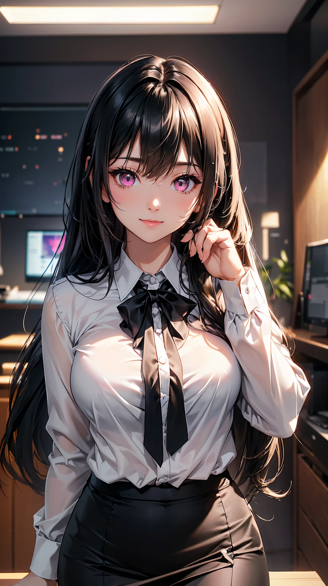 (Masterpiece:1.2), (best quality:1.1, (High quality:1.3), very detailed 8k CG unit wallpaper, depth of field, HDR, realistic, very detailed:1.2, complicated, Highly detailed:1.2, ผู้หญิงsexy, big breasts, office woman, white shirt, Lace underwear, tight chest, black short skirt, Black suit shirt, long hair,pink eyes, Blue On, Eye details:1.5, shadow sound details:1.2, light:1.1, ผิวพลันbeautifulงาม, smiling, cute, beautiful, sexy, office background