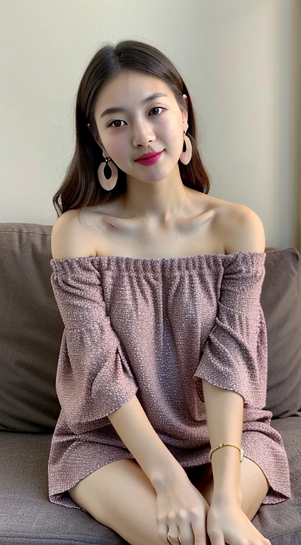 1 girl、17-year-old female、Beautie、A dark-haired、（ off-the-shoulder dress、Casual enough to see underwear）petite and very slender figure,,,,,、very slender leganicure、earrings、Pink lip、a picture、lifelike、sexuell、top-quality、adopt、A detailed face、Detailed background、depth of fields、Full-body angle of view、Sitting on the couch with your knees