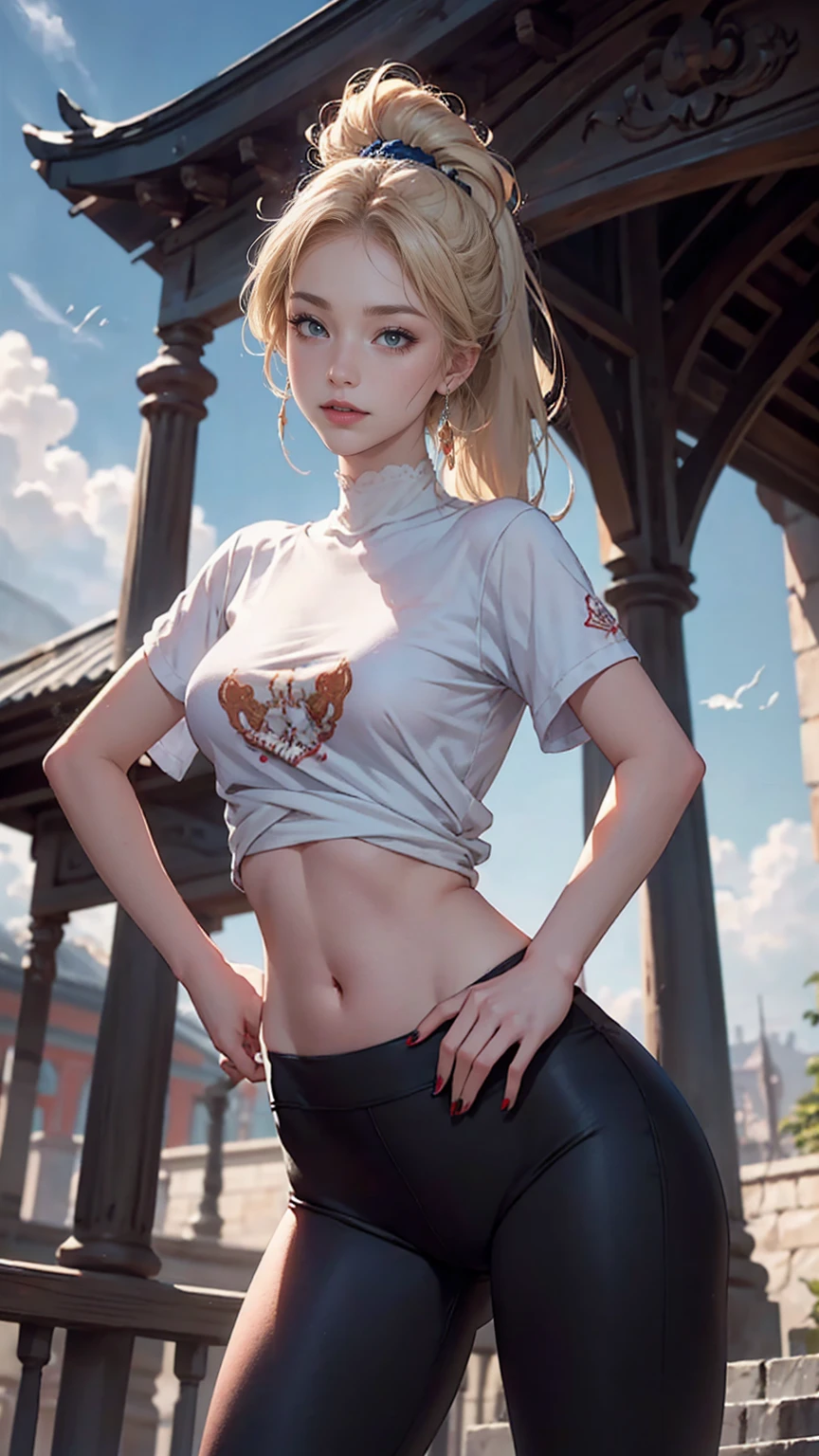 ((最high quality, 8K, masterpiece: 1.3, Ultra HD, high quality, 最high quality, High resolution, realism)) 、25 year old white woman、Platinum blonde to purple gradient color、blue eyeedium long hair、my hair is wavy、smile、Slender but well-proportioned muscular body、I don't want my head to disappear from the screen.、Wearing red nail polish、I have a peticure、In a luxurious temple、Wearing luxurious accessories、Ribbon in a ponytail、Wearing a T-shirt that shows her underbooby abs are cracked、I can see my bellybutton、I'm wearing low-rise leggings、wearing high heels、Low - Angle、I'm wearing a pareo、Hands on hips、high neck、No sleeve、The city after the rain、Rainbow in the blue sky