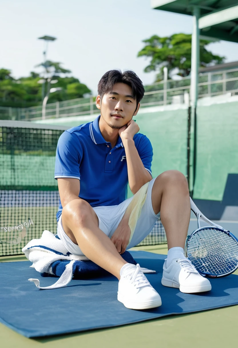 ung 28 year old Japanese man，Wearing a blue POLO shirt，white tennis shoes，After playing tennis, sit on a chair on the grass in the rest area of the tennis court and rest.，Holding a sweat towel in hand. Tennis racket on the ground. soft light，masterpiece，best quality，8K Ultra HD，digital SLR camera，film grain，Fujifilm XT3 Realistic Art by Midjourney and greg rutkowski