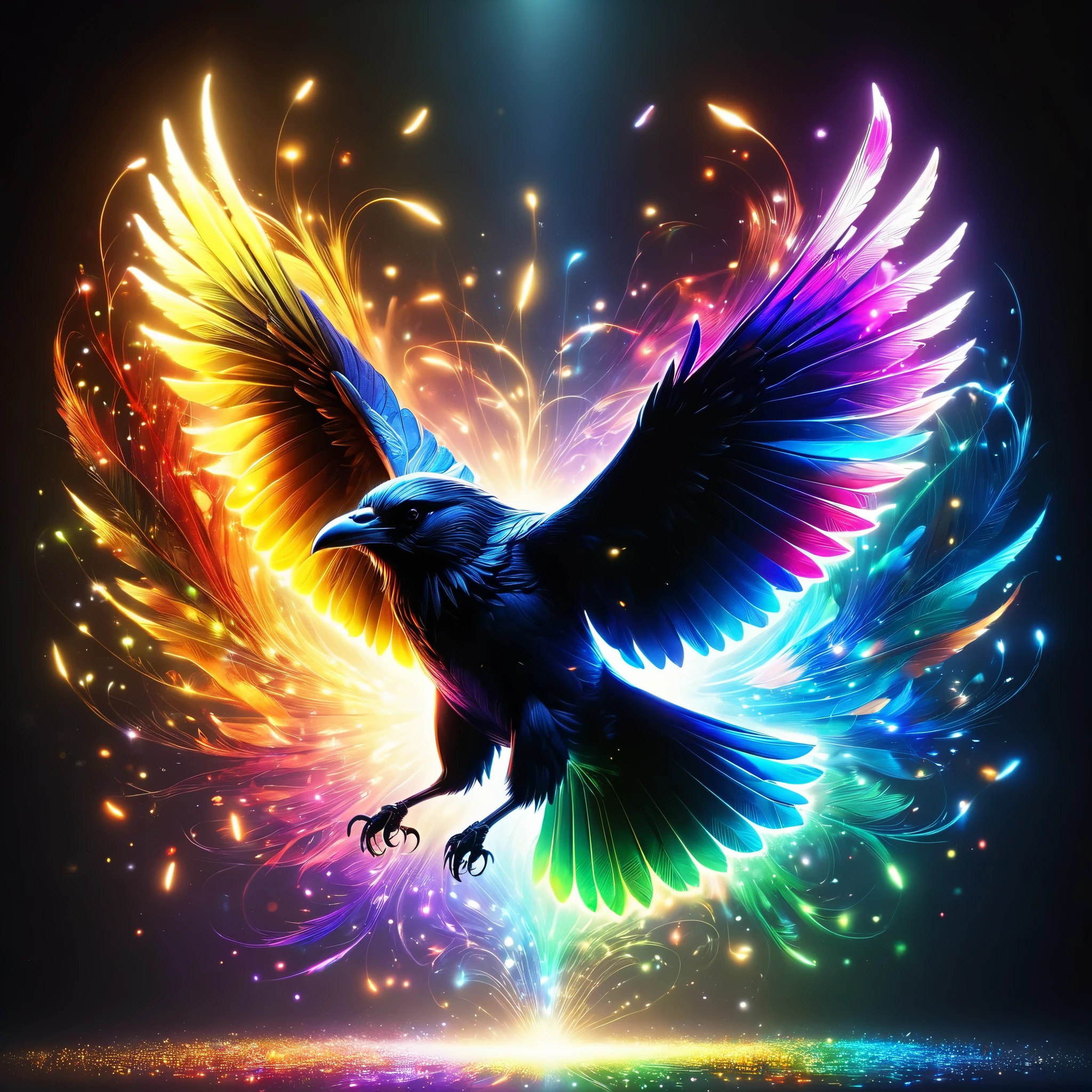 Close-up shot of a flying crow,spread your wings,masterpiece,最高masterpiece,highest quality,rendering,rich colors,colorfulな呪文を唱える,dream-like,Detailed details,In detail,,bright colors,beautiful光と影,magic,dream-like,Inspiration,beautiful,rendering,colorful,wonderful,particles of light,get used to it,masterpiece,最高masterpiece,Art work using light,Artistic,get used to it,flash,とてもflash,mysterious