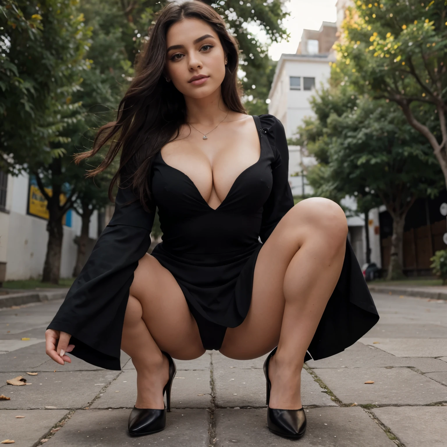 Ella tiene un rostro joven con los ojos verdes esmeralda y el pelo corto despeinado verde esmeralda que se dobla en los extremos. Ella lleva un vestido ajustado, with long sleeves and four high-cut grooves showing off her legs and black low-heeled shoes.