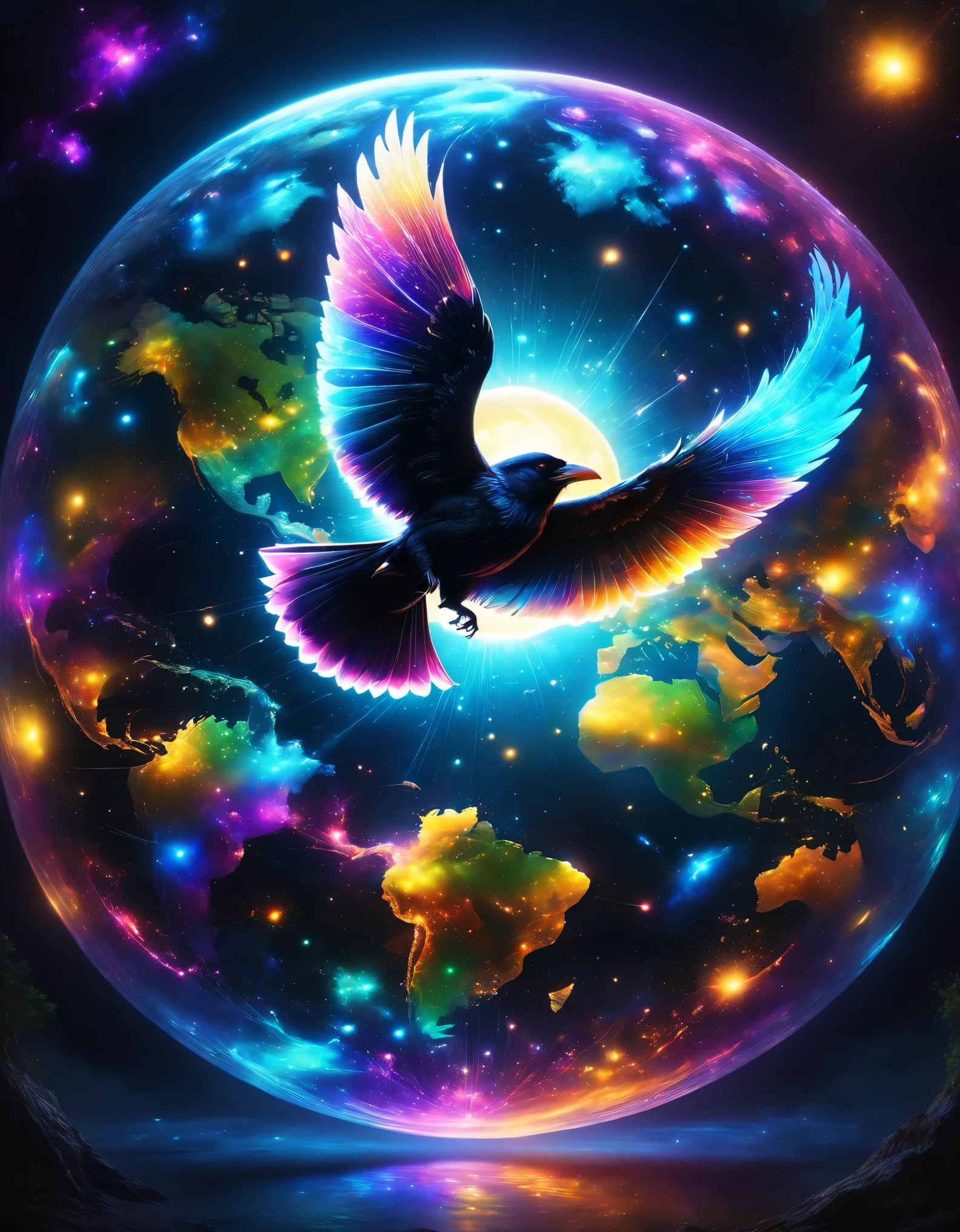 Image of a digital space:network:Science:Holography,Flying crow:overlooking,masterpiece,最高masterpiece,highest quality,rendering,rich colors,colorfulな呪文を唱える,dream-like,Detailed details,In detail,,bright colors,beautiful光と影,magic,dream-like,Inspiration,beautiful,rendering,colorful,wonderful,particles of light,get used to it,masterpiece,最高masterpiece,Art work using light,Artistic,get used to it,Dark fantasy elements